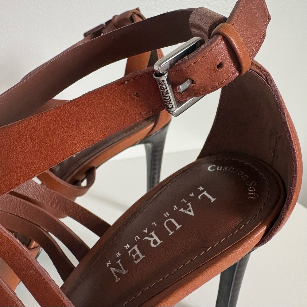 Lauren Ralph Lauren Saba Strappy Leather Stiletto Sandals Tan Cognac 7B - Picture 6 of 12